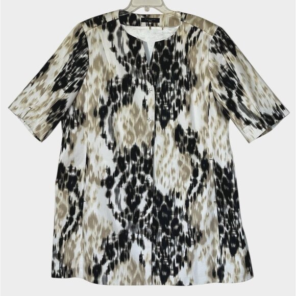 Tahari Beige Black Abstract Print Snaps Front Pockets Stretch Duster Coat - Picture 2 of 10